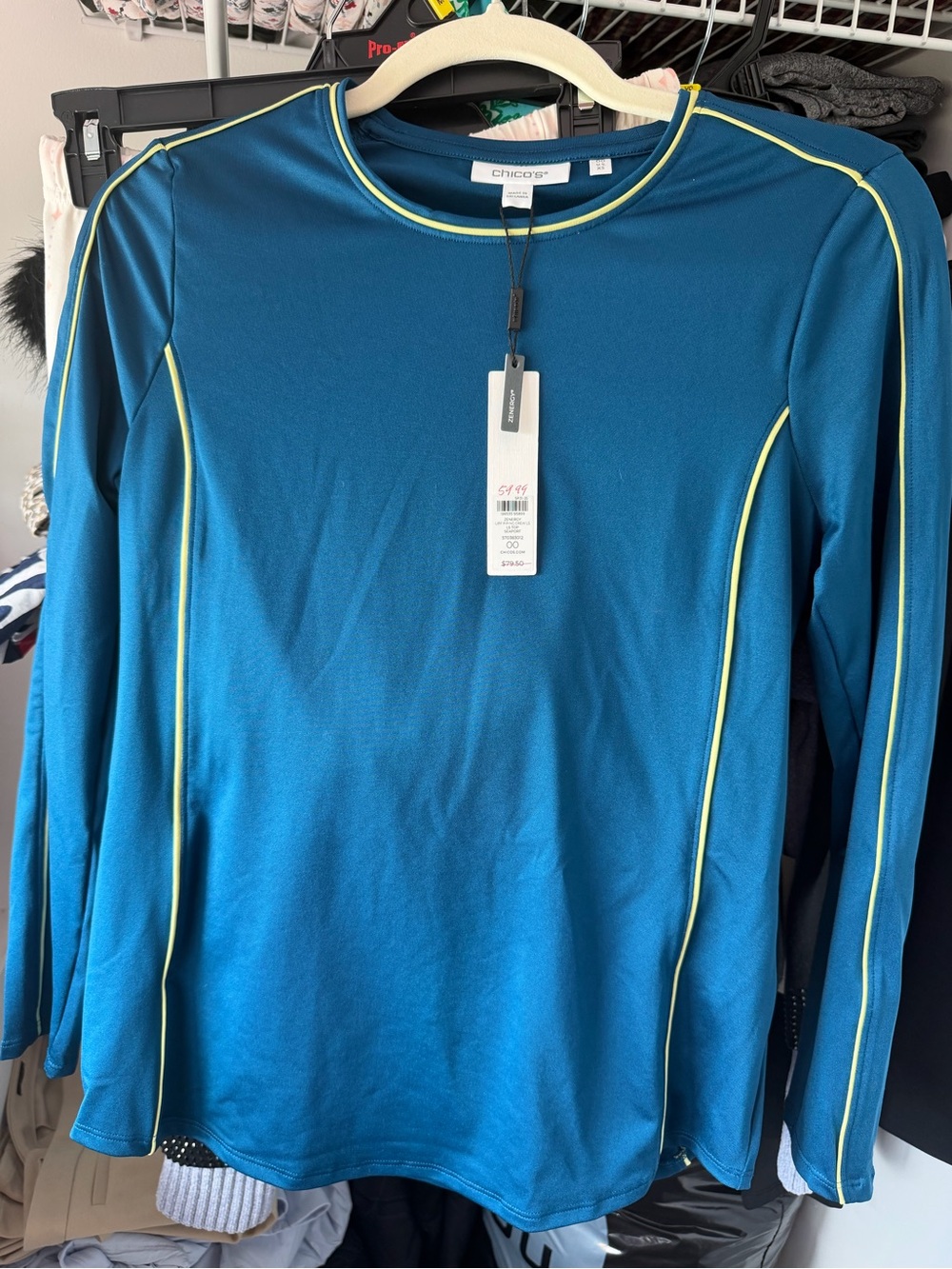 Chico's Teal Long-Sleeve Active Shirt with Contrast Piping UPF women’s XS NWT